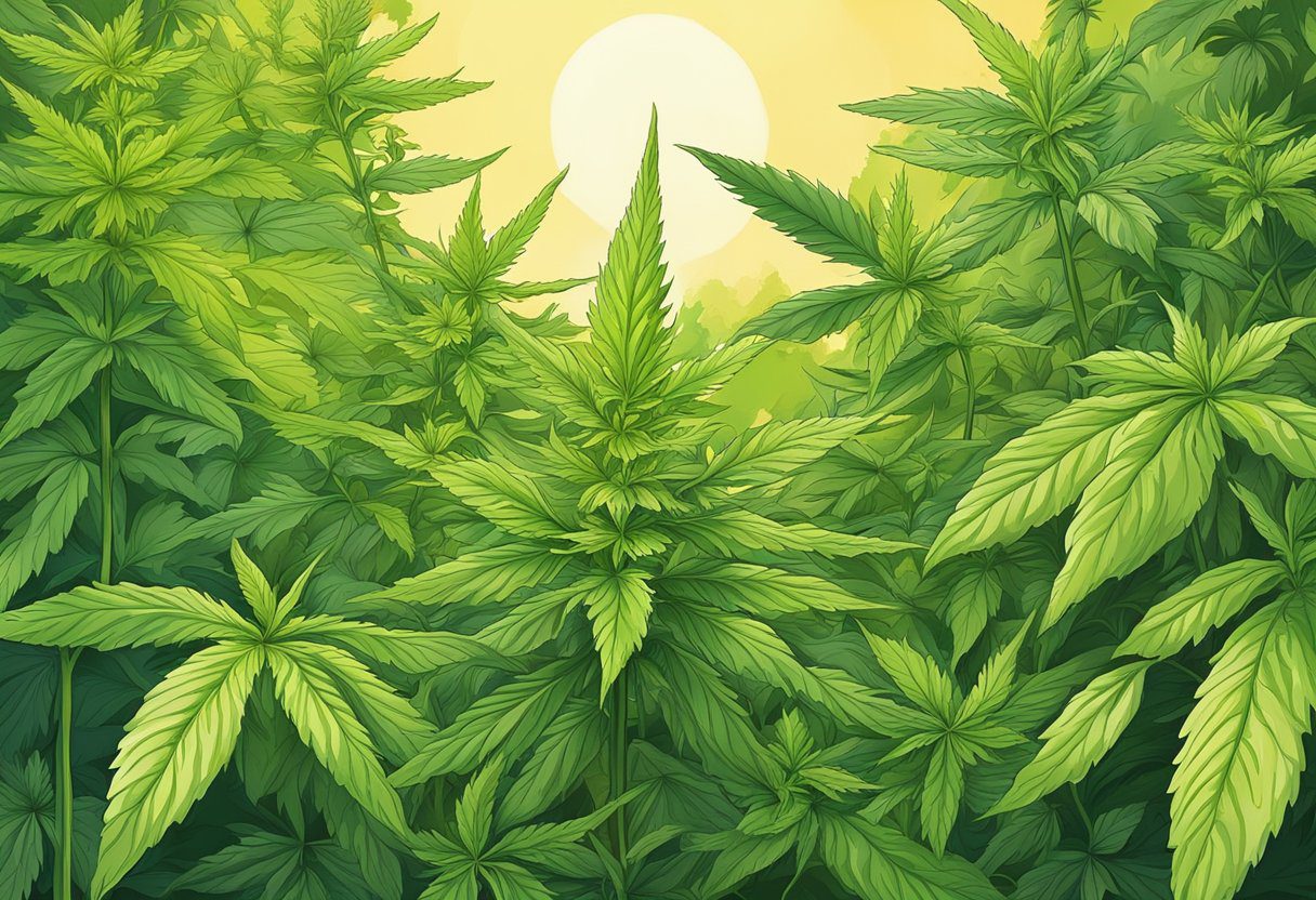 A vibrant green cannabis plant grows in a sun-drenched organic garden, surrounded by lush foliage and blooming flowers. The plant exudes vitality and health, symbolizing the numerous benefits of organic cannabis