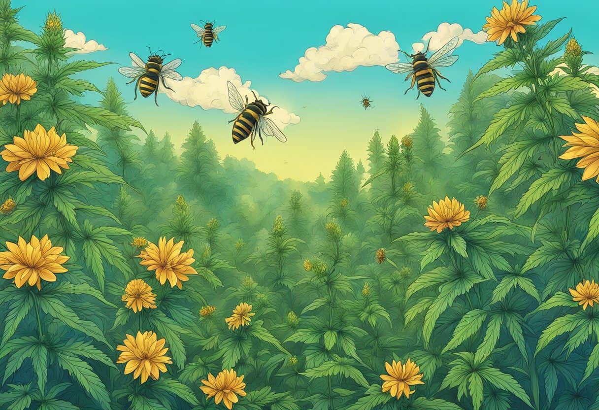 Lush green cannabis plants thriving in organic soil, surrounded by vibrant flowers and buzzing bees. A clear blue sky overhead, highlighting the natural beauty and potency of the organic crop