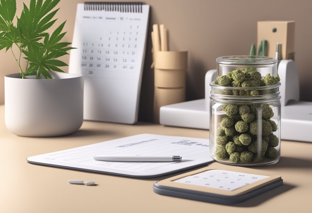 A small jar of cannabis sits next to a pill organizer, with a calendar in the background showing consistent daily use. A sense of calm and relaxation exudes from the scene