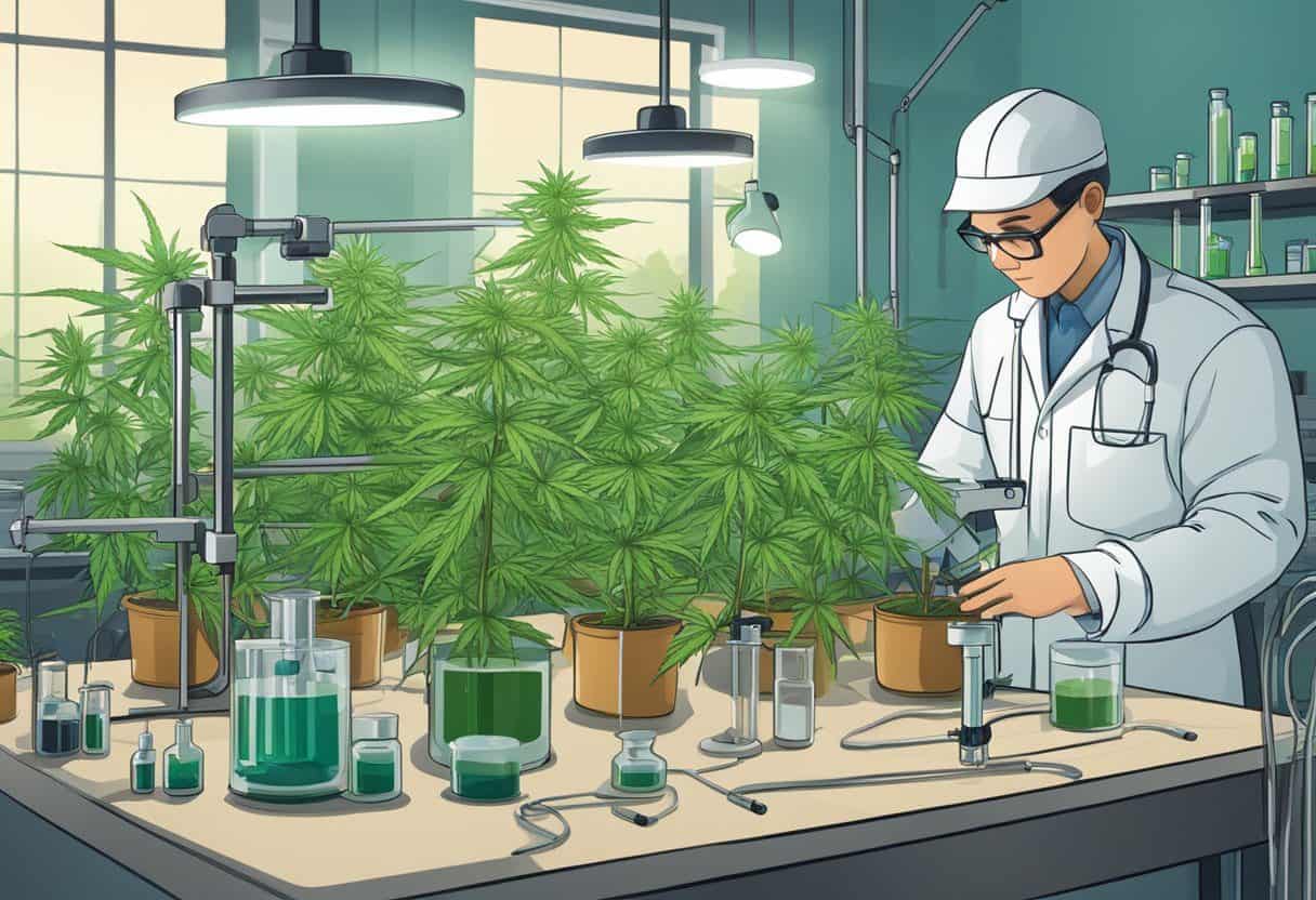 A lab table with cannabis plants, test tubes, and scientific equipment. Researchers observing and recording data