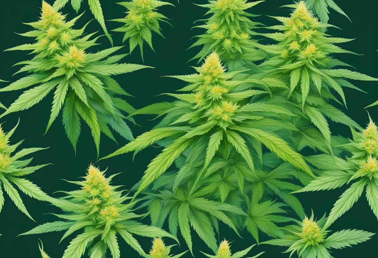 Vibrant cannabis plants with dense, resinous buds. Quality and potency emphasized through lush green leaves and glistening trichomes