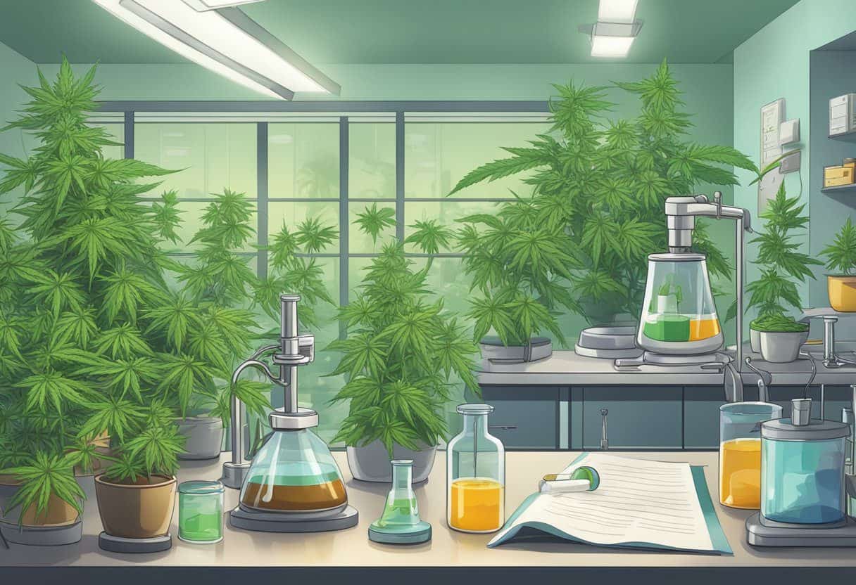 A lab setting with cannabis plants, scientific equipment, and research papers on appetite stimulation