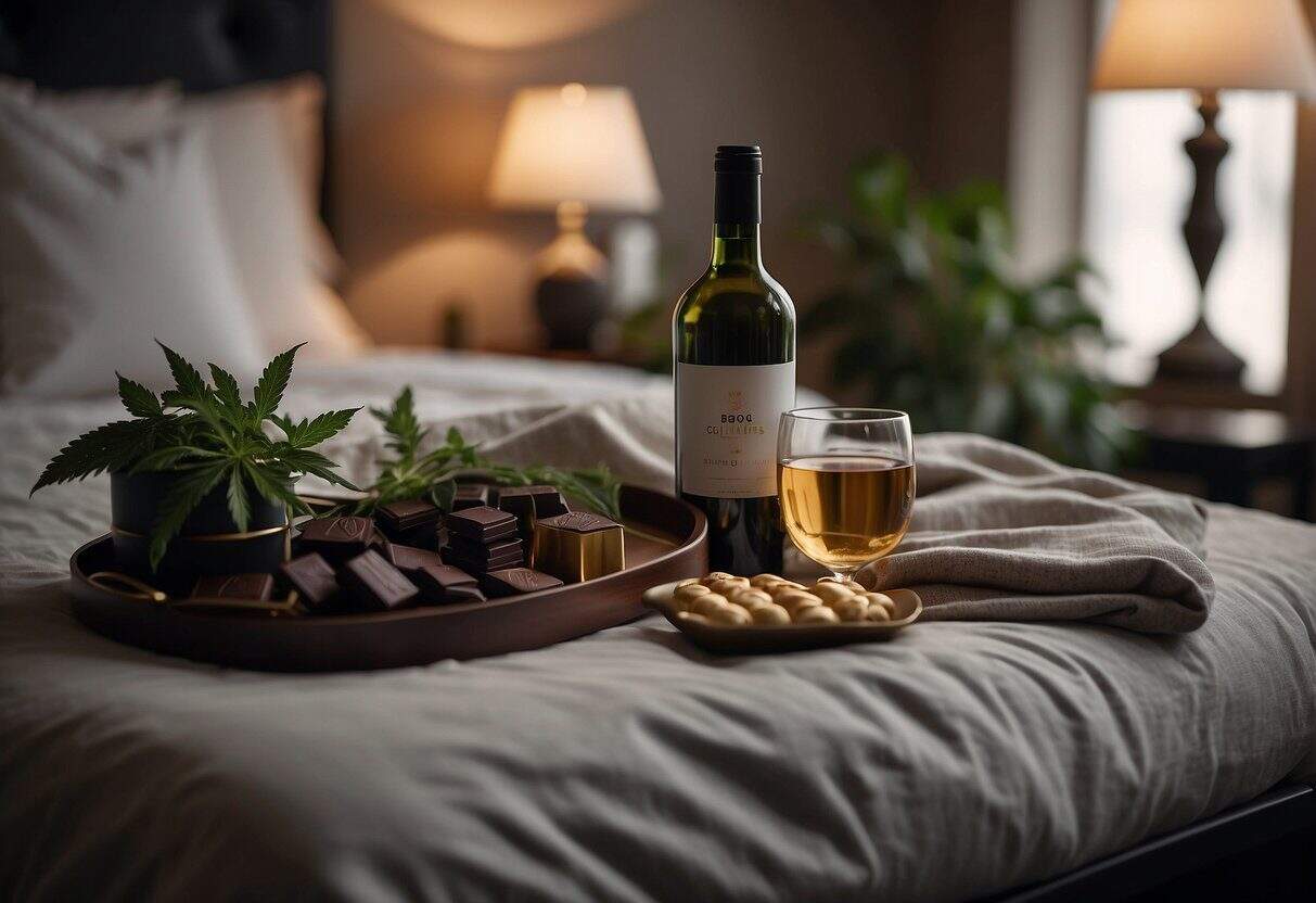 A cozy bedroom with dim lighting, a plush bed adorned with soft blankets and pillows. A tray of cannabis-infused chocolates and a bottle of wine sit on a nearby table