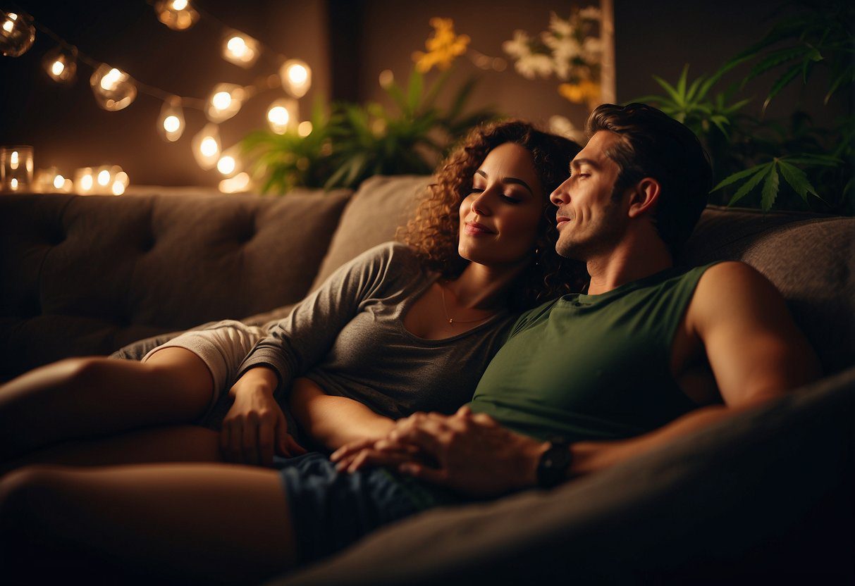A couple lounges in a cozy, dimly lit room, surrounded by the sweet aroma of cannabis. Their bodies are intertwined in a sensual embrace, exuding a deep sense of physical connection and romance