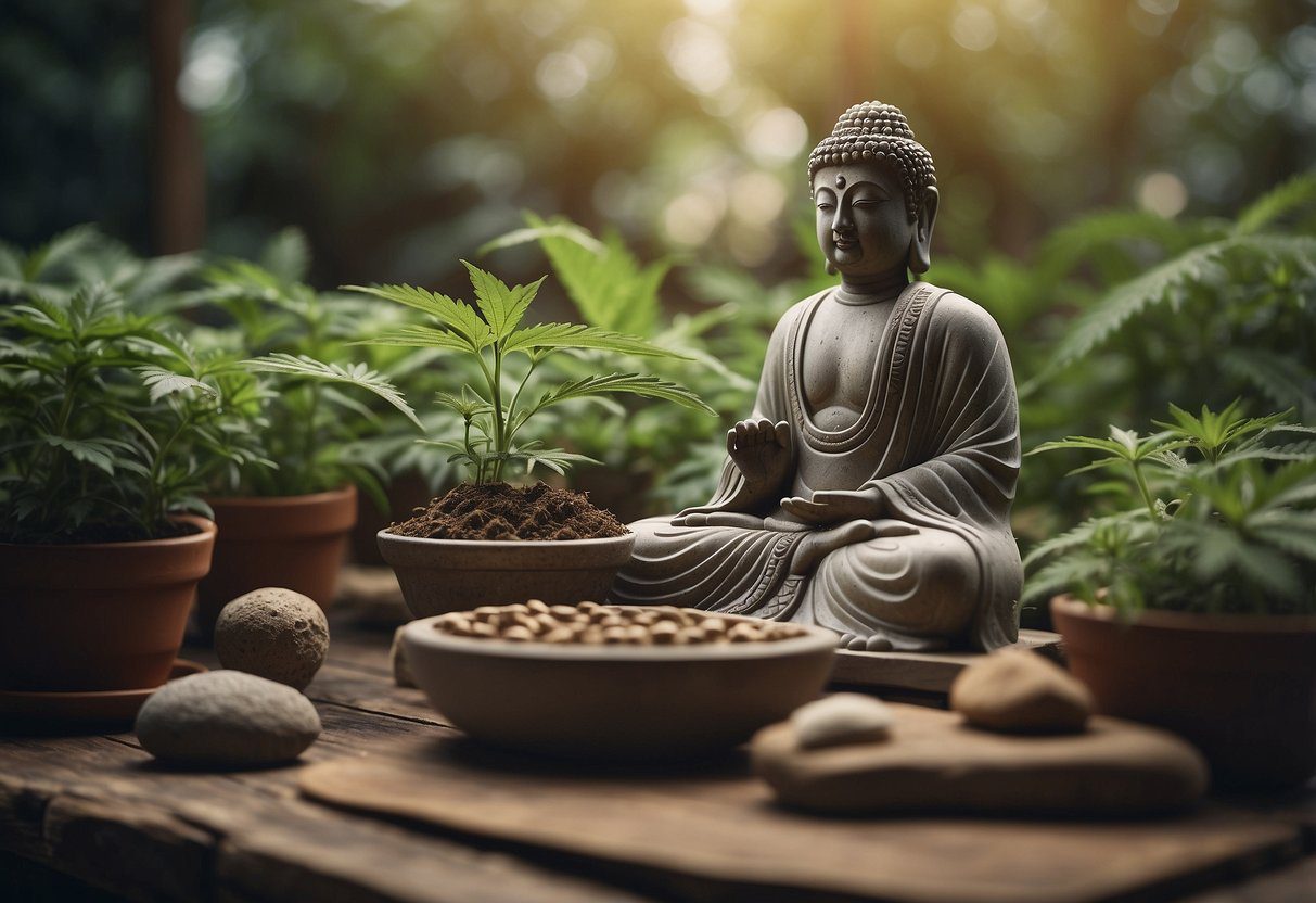 A serene garden with ancient meditation tools and cannabis plants, surrounded by calm, meditative energy