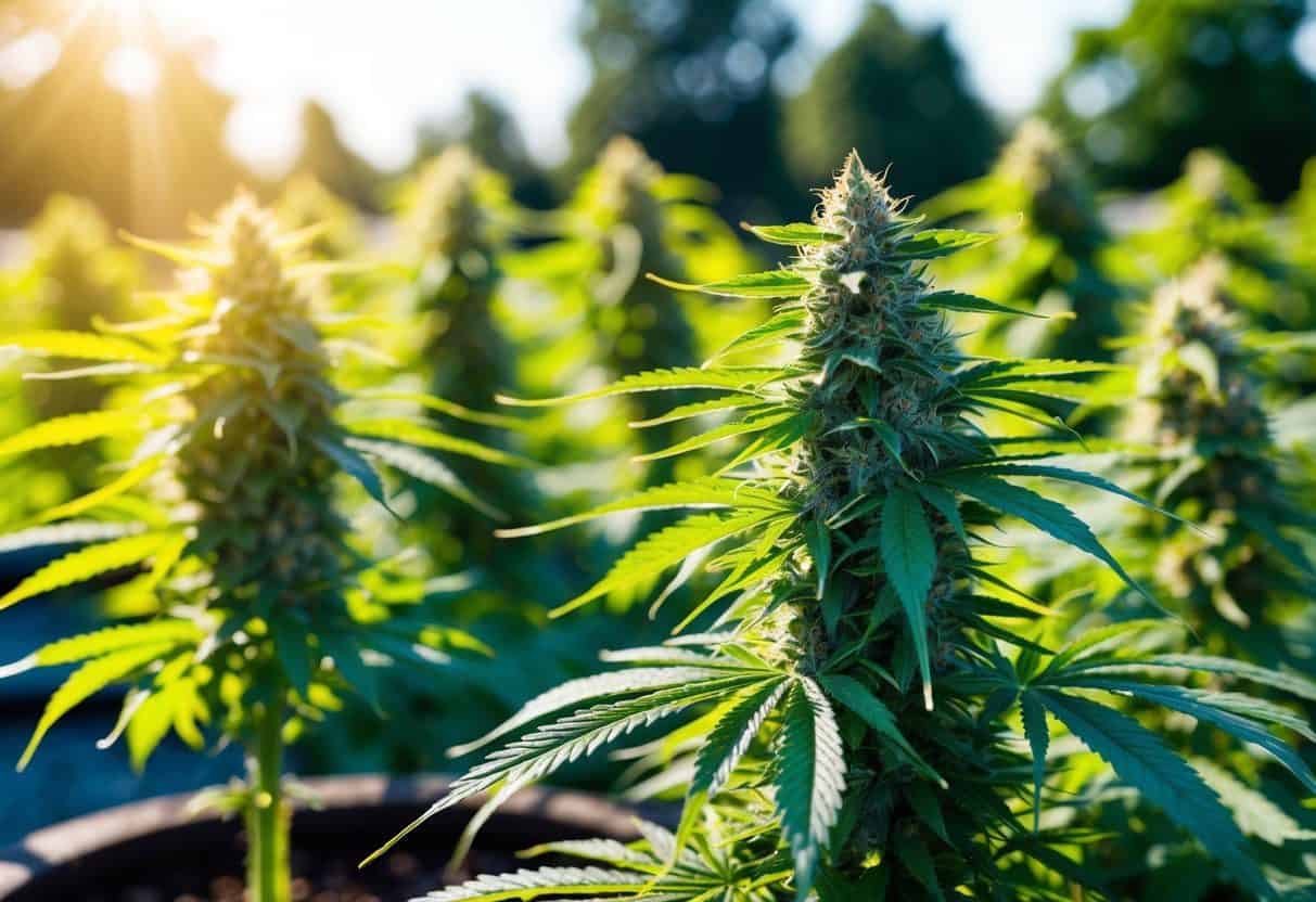 A sunny, outdoor setting with bright green cannabis plants growing in a garden. The scene depicts a peaceful and inviting atmosphere for daytime cannabis use