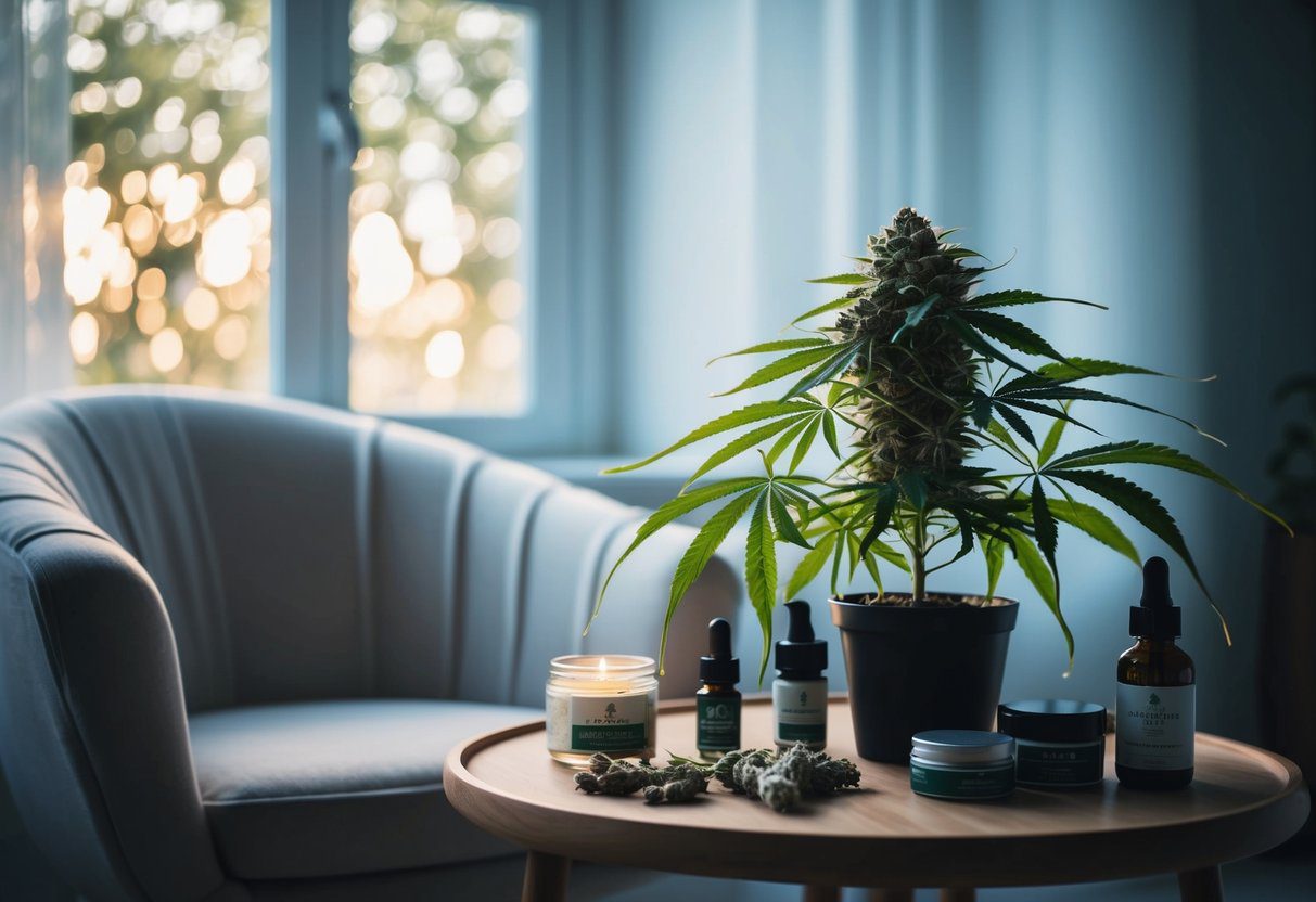 A serene, dimly lit room with a cozy chair and a table holding a cannabis plant and various products. Soft, natural light filters in through the window, creating a peaceful atmosphere