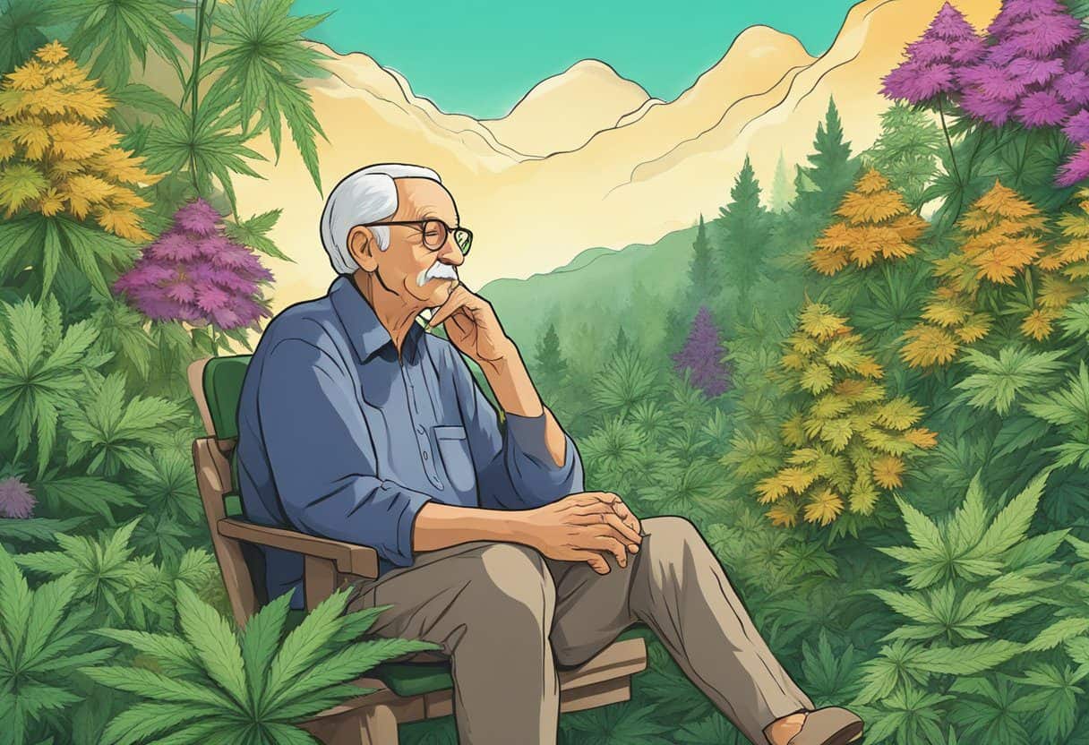 An older adult sitting in a peaceful garden, surrounded by vibrant cannabis plants. A sense of calm and relaxation fills the air, symbolizing the potential health benefits of cannabis for older adults
