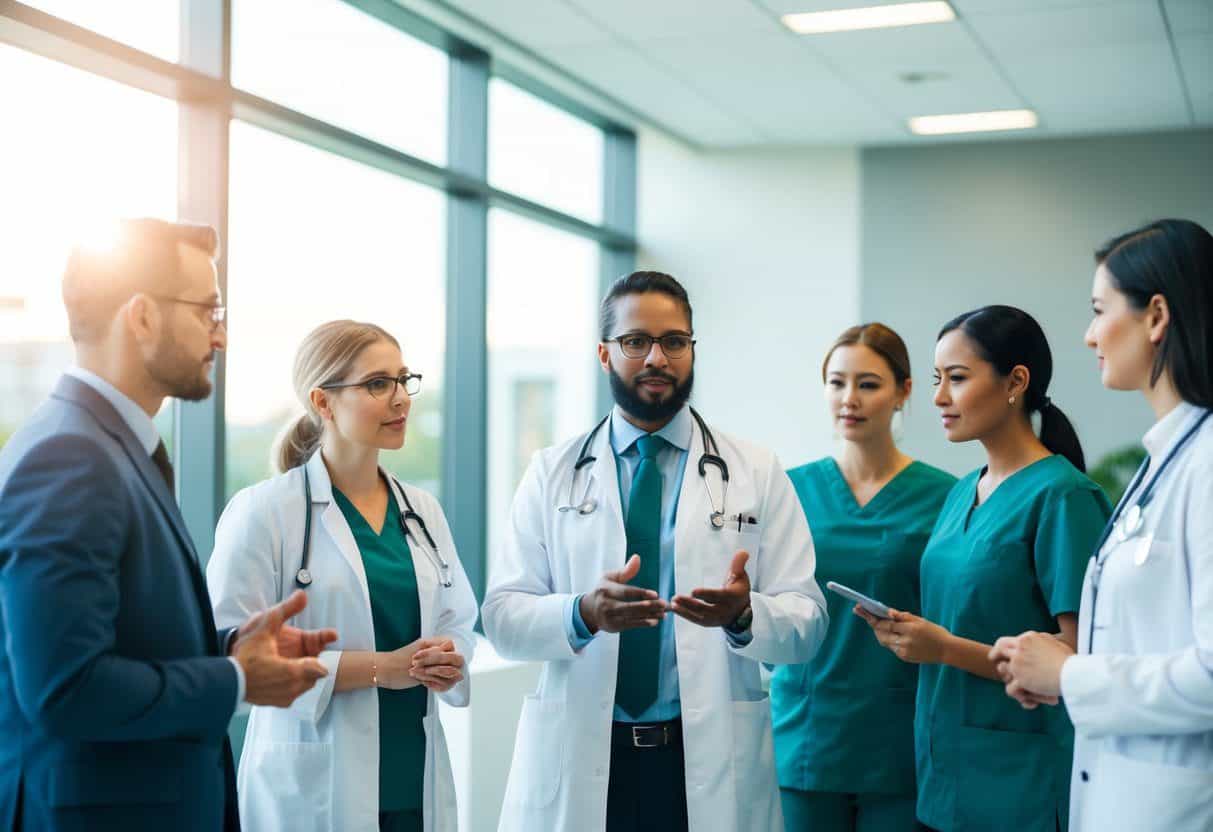 A group of healthcare professionals discussing cannabis use for arthritis management in a modern clinic setting