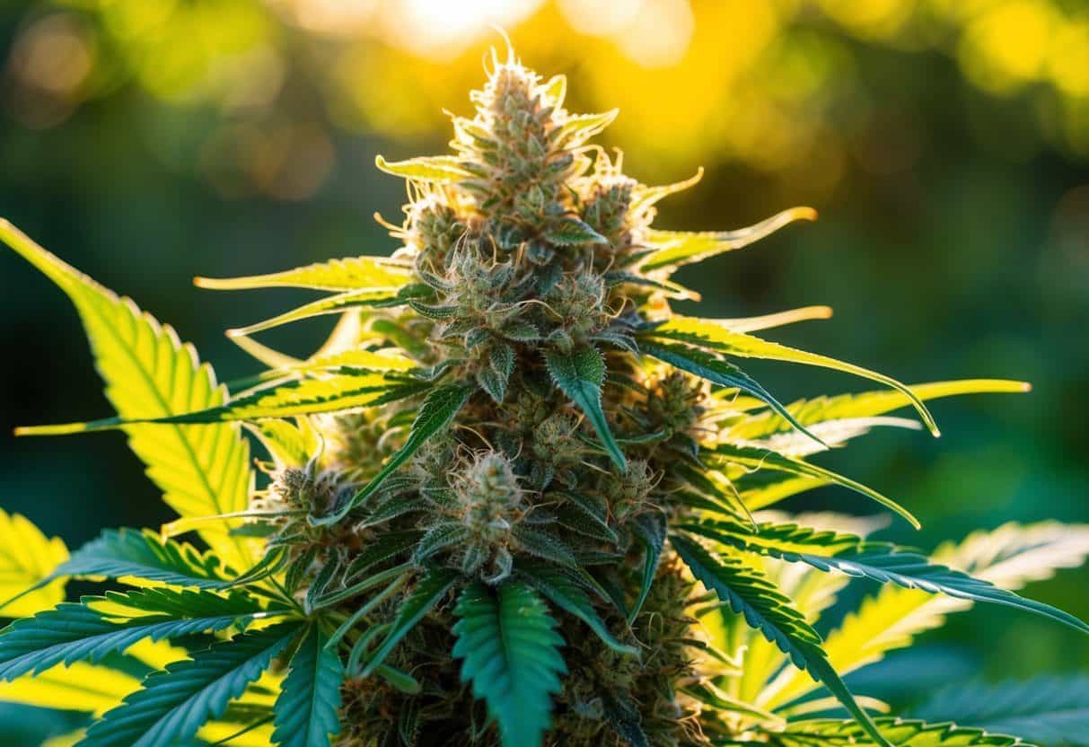 A lush, vibrant cannabis plant with dense, resinous buds, surrounded by healthy green leaves and bathed in warm sunlight