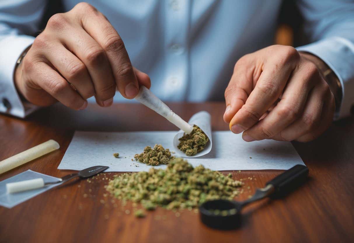 A table with rolling papers, ground cannabis, and a small tool. A pair of hands carefully rolling a joint with precision