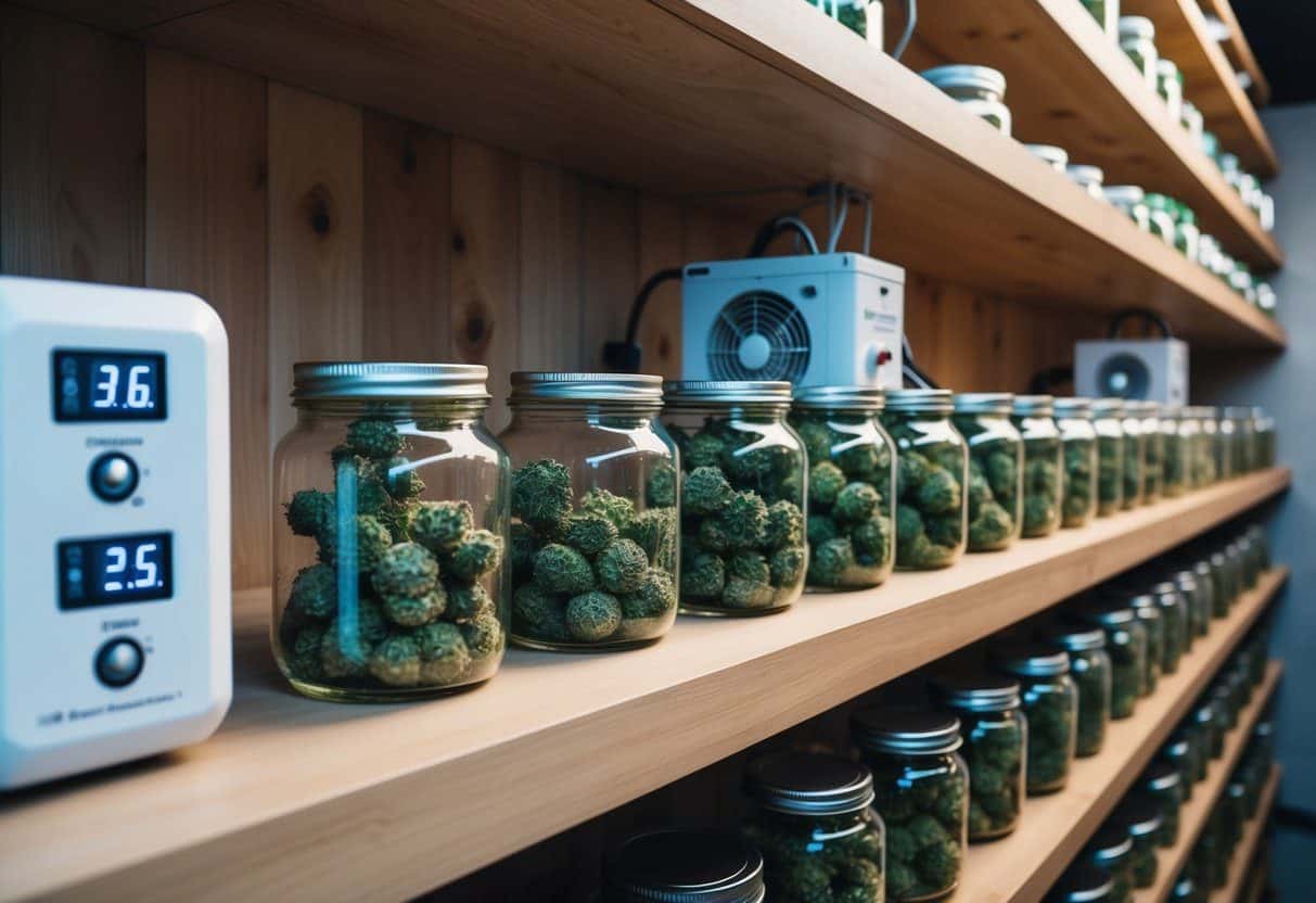 A wooden shelf lined with rows of glass jars filled with cannabis buds, surrounded by temperature and humidity control devices