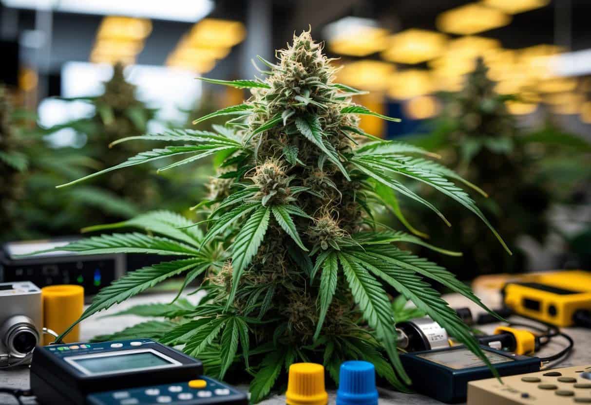 A vibrant, lush cannabis plant with dense, resinous buds, surrounded by a variety of equipment for quality testing