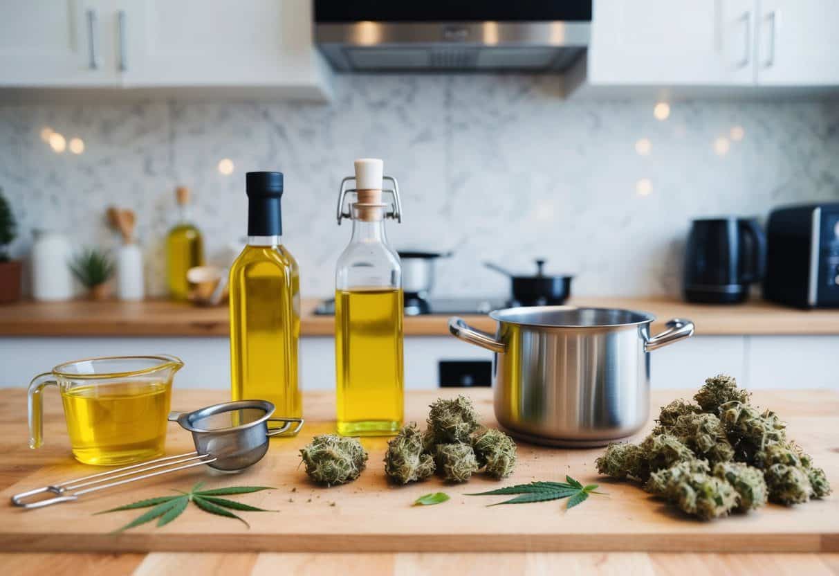 A kitchen counter with various ingredients and tools laid out for making cannabis-infused oil, including cannabis buds, cooking oil, a pot, and a strainer