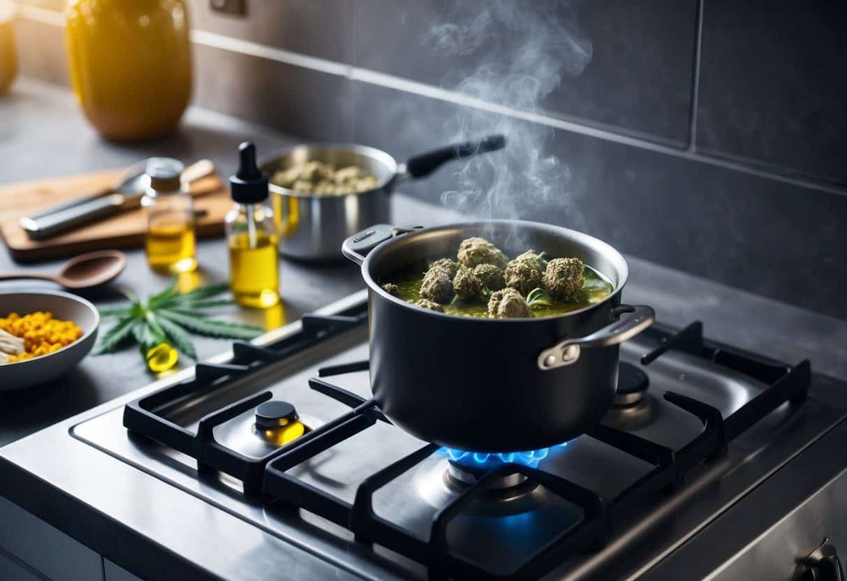 A kitchen counter with a pot simmering on the stove, filled with cannabis and oil. Ingredients and utensils scattered around