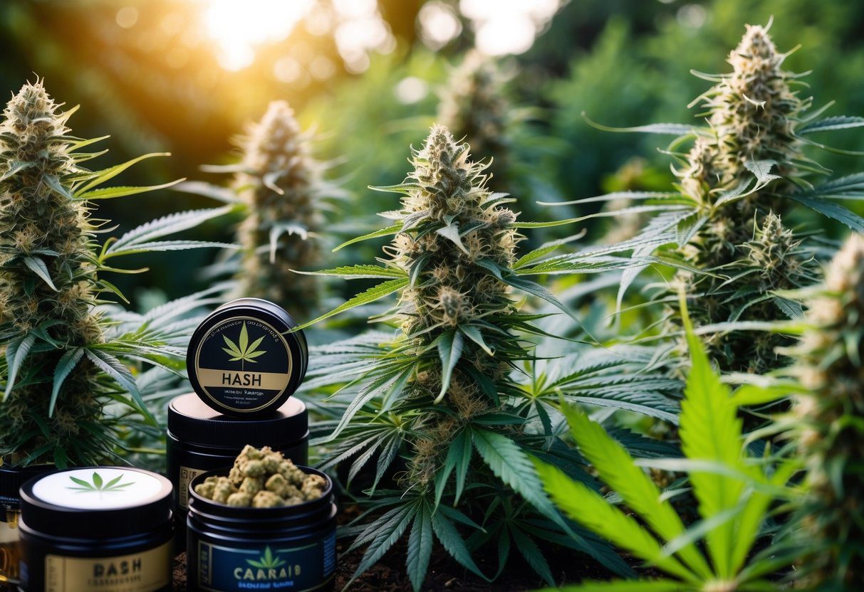 A serene garden with a variety of cannabis plants, including a prominently displayed hash product surrounded by other cannabis products