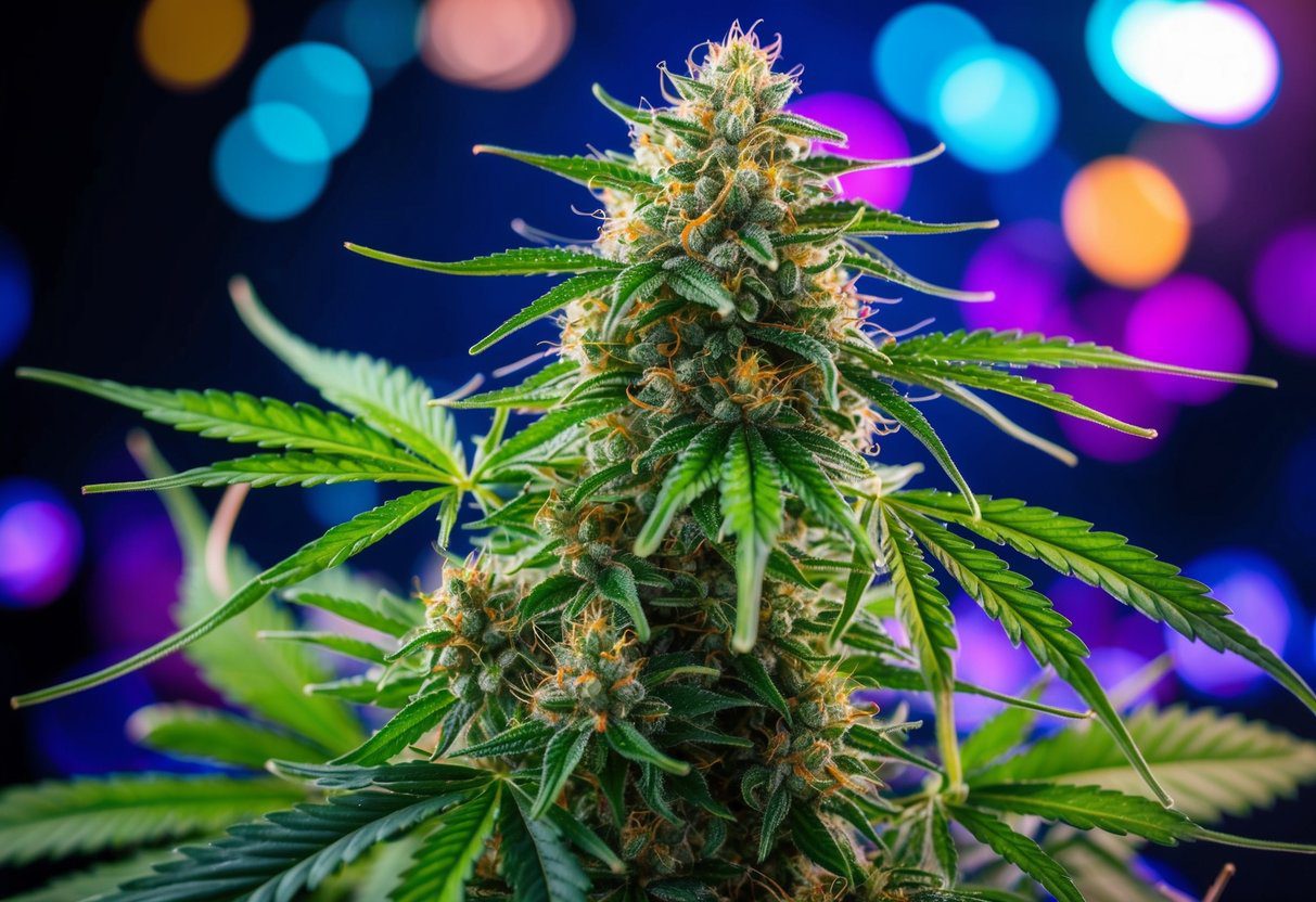 A lush, vibrant cannabis plant surrounded by a variety of colorful and aromatic terpenes, with cannabinoids interacting within the plant's structure
