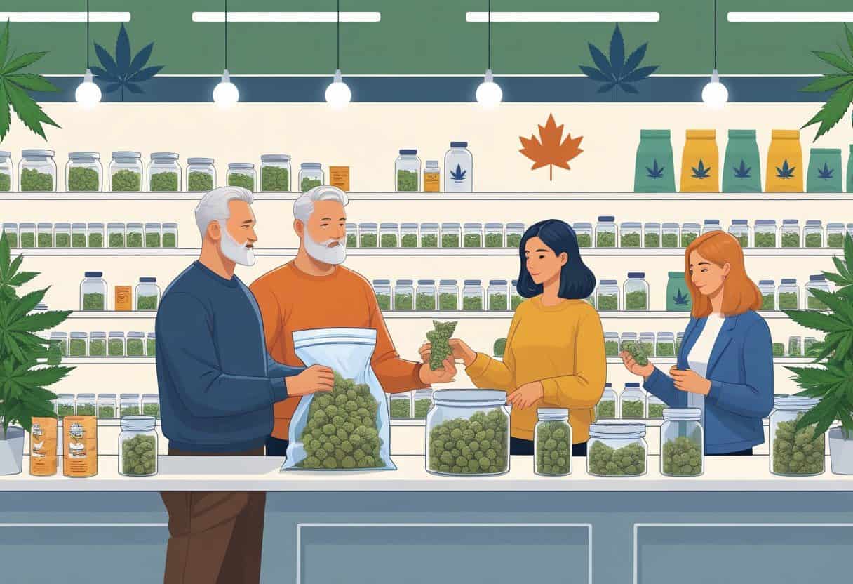 Customers buying cannabis products in bulk inside a Canadian dispensary with shelves of cannabis jars and bags.