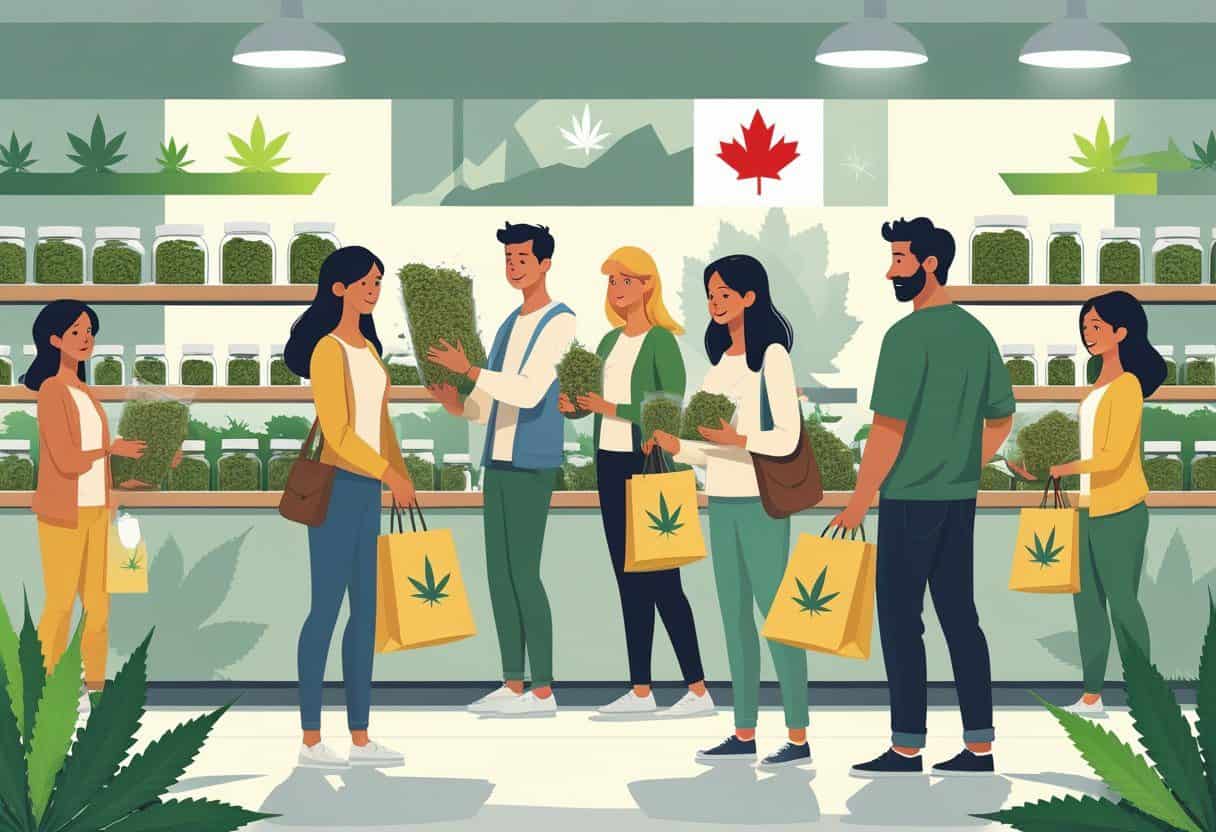 People in a cannabis store buying large quantities of cannabis products in containers, with Canadian symbols visible in the background.